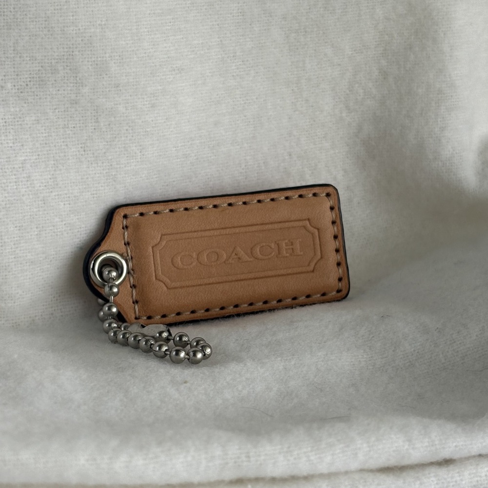 COACH 2.25" Hang Tag Fob Bag Charm Light Saddle Tan Leather, Silver Ball Chain